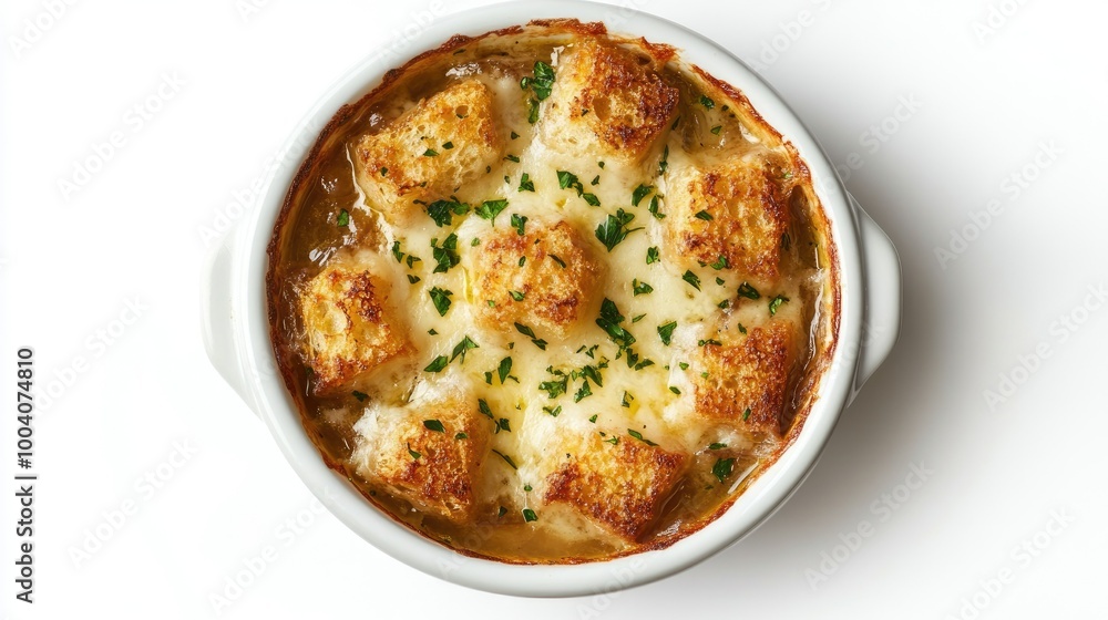A mouthwatering view of French onion soup from above, featuring a rich cheese layer and crispy croutons, set against a pristine white background for clarity. A mouthwatering view of French onion soup from above, featuring a rich cheese layer and crispy croutons, set against a pristine white background for clarity.