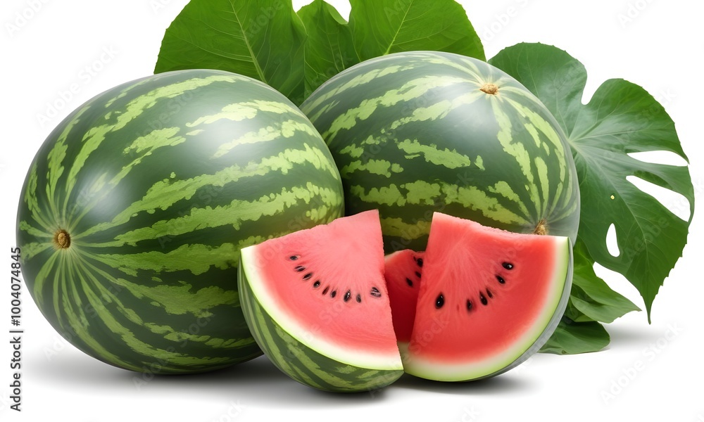 Whole watermelons and a slice of watermelon against a background of large green leaves Whole watermelons and a slice of watermelon against a background of large green leaves