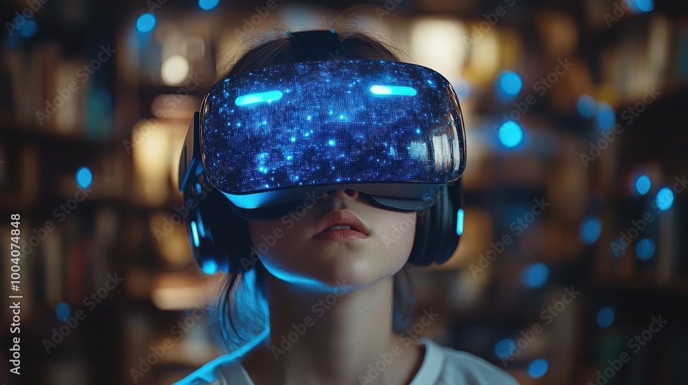 Girl wearing VR headset in a futuristic library, exploring immersive virtual worlds with glowing light reflections, experiencing modern digital technology for education, learning, and innovation. Girl wearing VR headset in a futuristic library, exploring immersive virtual worlds with glowing light reflections, experiencing modern digital technology for education, learning, and innovation.