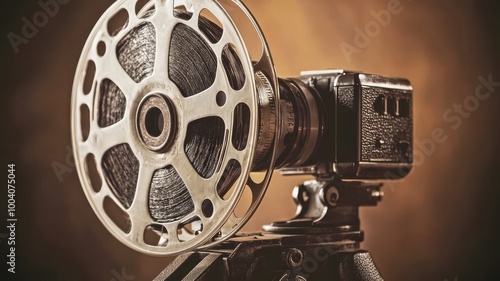 Vintage film camera with reel on tripod against textured background.