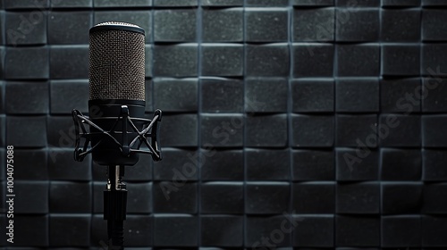 A black condenser microphone on a stand in front of a black acoustic panel. photo