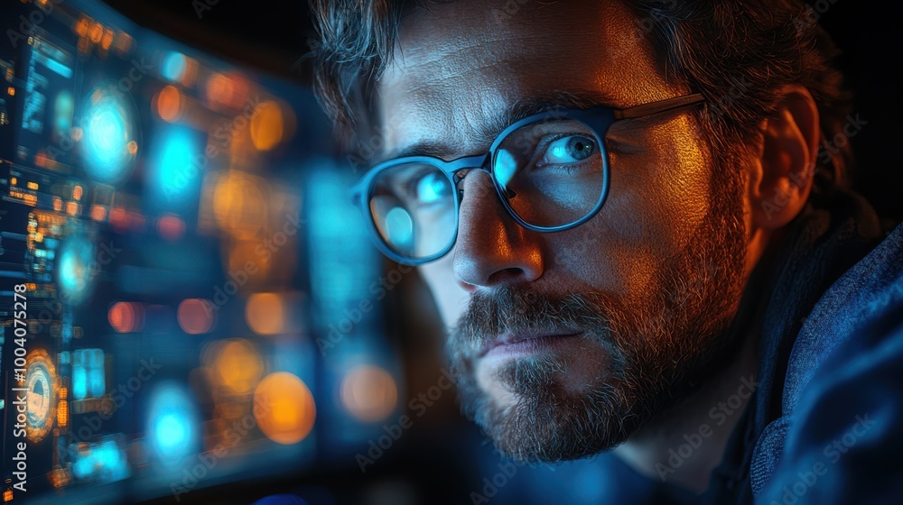Man wearing glasses studying data on futuristic glowing screens. Financial analysis, technology innovation, stock market trading, and modern business intelligence in data science. Man wearing glasses studying data on futuristic glowing screens. Financial analysis, technology innovation, stock market trading, and modern business intelligence in data science.