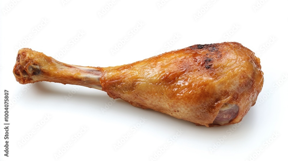 A single, succulent roast duck leg against a white background, emphasizing its crispy texture and juicy meat, perfect for culinary advertisements and recipe illustrations. A single, succulent roast duck leg against a white background, emphasizing its crispy texture and juicy meat, perfect for culinary advertisements and recipe illustrations.