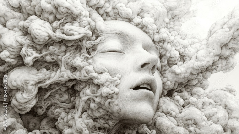 Fototapeta premium A black and white photo of a woman's face covered in smoke, AI