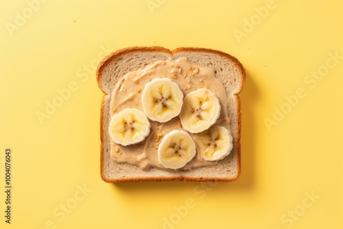 Toast with peanut butter and slice of bananas on top bread food breakfast. photo