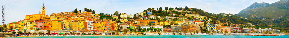 panoramic view on old part of Menton, Provence-Alpes-Cote d'Azur, France. tourist attraction, travel guide and sights of city breaks. travelling, landmarks, postcard, on road trip panoramic banner