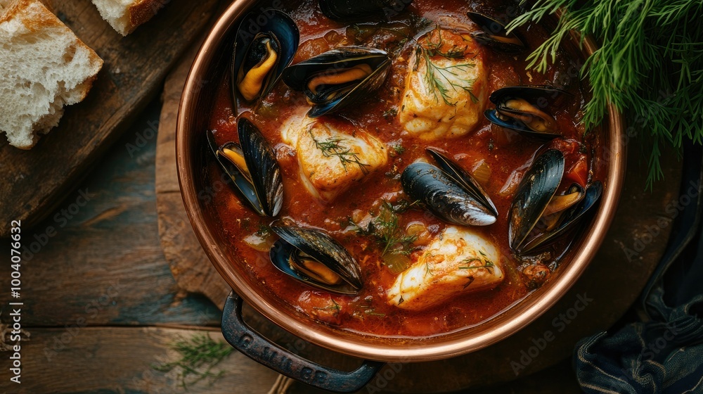 A stunning top view of traditional French bouillabaisse, featuring tender cod fish and plump mussels simmered in a rich red wine tomato sauce, elegantly presented in a rustic copper casserole. A stunning top view of traditional French bouillabaisse, featuring tender cod fish and plump mussels simmered in a rich red wine tomato sauce, elegantly presented in a rustic copper casserole.