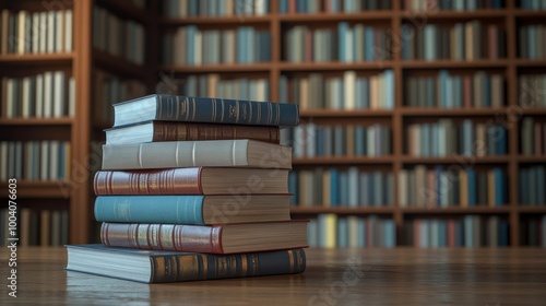 A stack of books on a table in a library