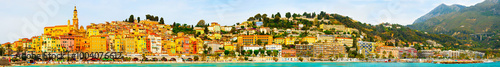Obraz na płótnie panoramic view on old part of Menton, Provence-Alpes-Cote d'Azur, France. tourist attraction, travel guide and sights of city breaks. travelling, landmarks, postcard, on road trip panoramic banner w salonie