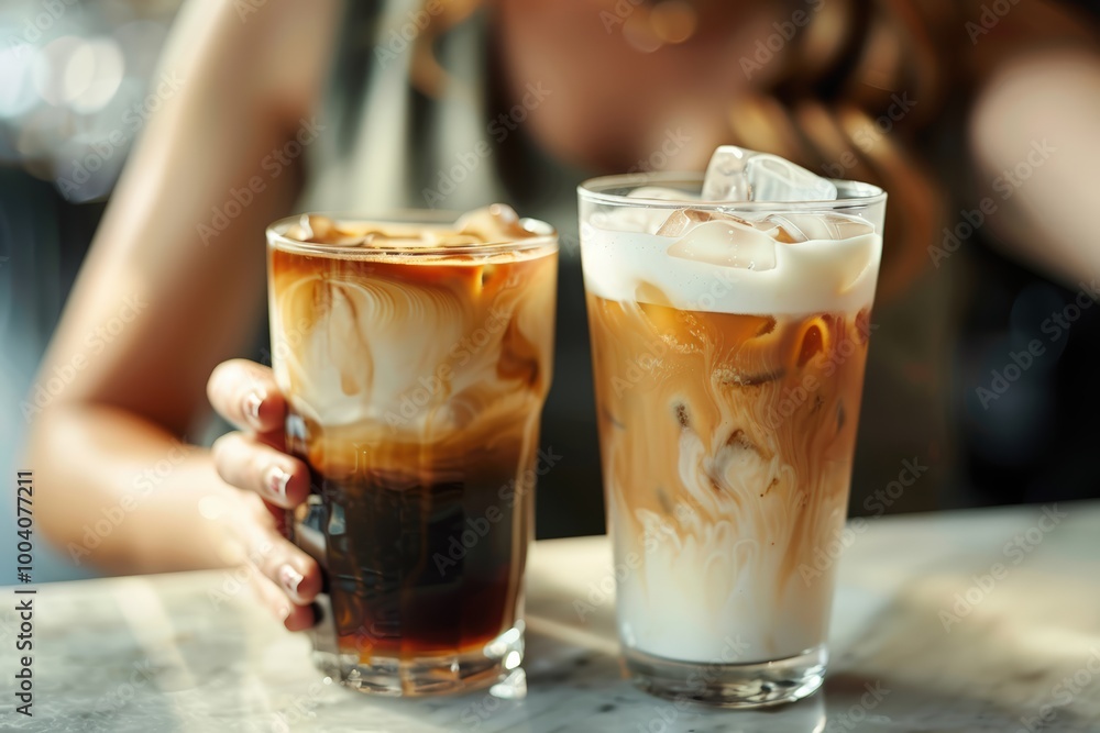 Closeup image of a young woman with two glasses of iced coffee Closeup image of a young woman with two glasses of iced coffee