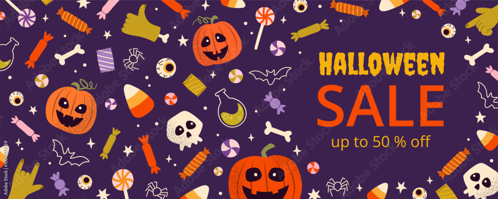 Horizontal Sale banner for Halloween on violet background. Abstract hand drawn colorful pumpkins, candies, skull and zombie hands. Template for wallpaper, cover, label, advertising, web Horizontal Sale banner for Halloween on violet background. Abstract hand drawn colorful pumpkins, candies, skull and zombie hands. Template for wallpaper, cover, label, advertising, web