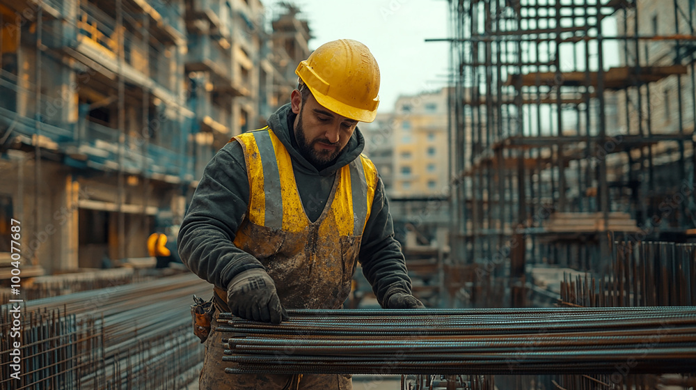 A construction worker wearing a yellow hard hat and safety vest is working on a building site, handling steel rebar. The background shows scaffolding and other construction activities A construction worker wearing a yellow hard hat and safety vest is working on a building site, handling steel rebar. The background shows scaffolding and other construction activities