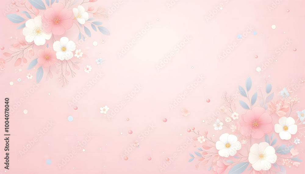 Light pink background with beautiful flowers at apposite corners Light pink background with beautiful flowers at apposite corners