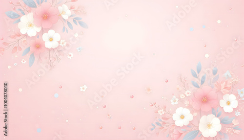 Light pink background with beautiful flowers at apposite corners