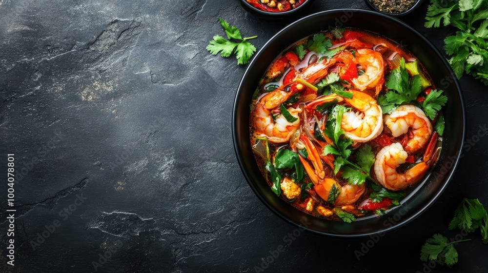 A vibrant top view of tom yum kung, featuring spicy shrimp and aromatic herbs in a sleek black bowl, beautifully arranged on a dark stone background A vibrant top view of tom yum kung, featuring spicy shrimp and aromatic herbs in a sleek black bowl, beautifully arranged on a dark stone background
