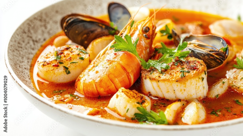 A warm and inviting shot of bouillabaisse, featuring an array of fish and shellfish in a spicy broth, elegantly garnished and set against a white background,