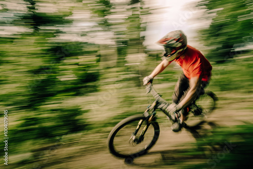 mountain biker riding his bike downhill very fast with blurry background