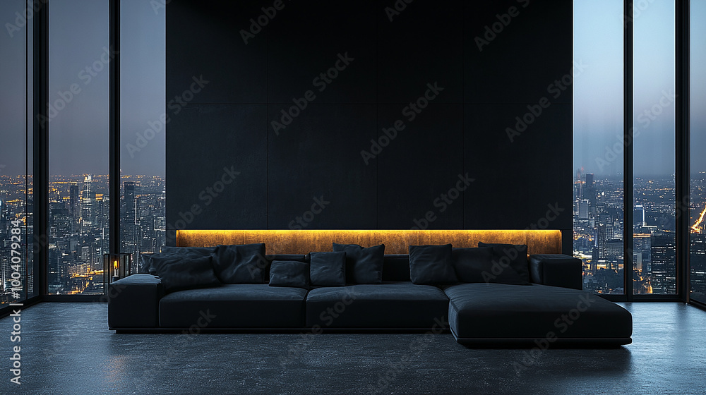 © IDNAF.std - Modern style luxury black living room with city view, There are black terrazzo floor decorated wall with hidden light, furnished with black fabric sofa © IDNAF.std - Modern style luxury black living room with city view, There are black terrazzo floor decorated wall with hidden light, furnished with black fabric sofa