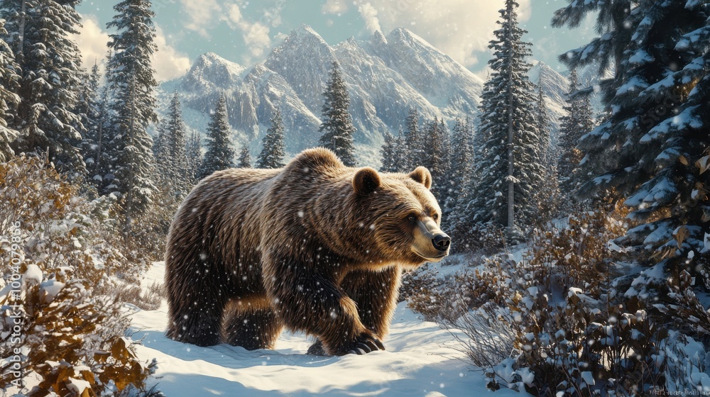 A grizzly bear trekking through a snow-dusted forest, with towering pines and a peaceful winter landscape surrounding it. A grizzly bear trekking through a snow-dusted forest, with towering pines and a peaceful winter landscape surrounding it.