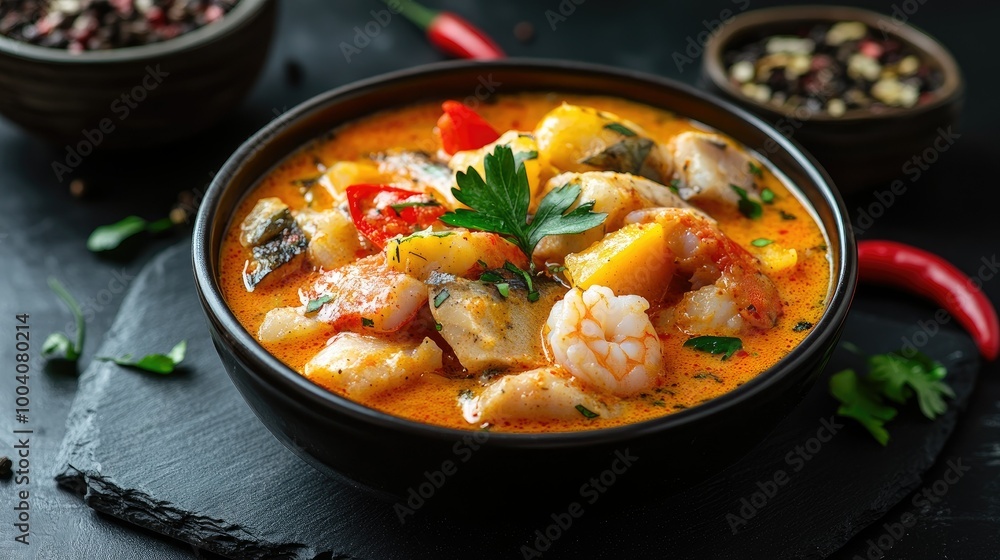 An elegant bowl of moqueca with fish and shrimp on a dark slate tabletop, filled with vibrant colors and textures, An elegant bowl of moqueca with fish and shrimp on a dark slate tabletop, filled with vibrant colors and textures,