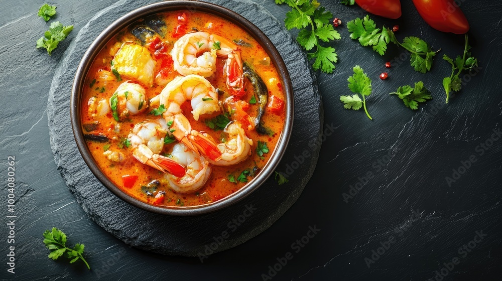 An elegant bowl of moqueca with fish and shrimp on a dark slate tabletop, filled with vibrant colors and textures, An elegant bowl of moqueca with fish and shrimp on a dark slate tabletop, filled with vibrant colors and textures,