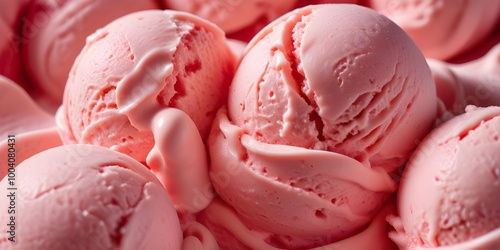 Close-up of strawberry ice cream with a swirled texture and vibrant, pink color