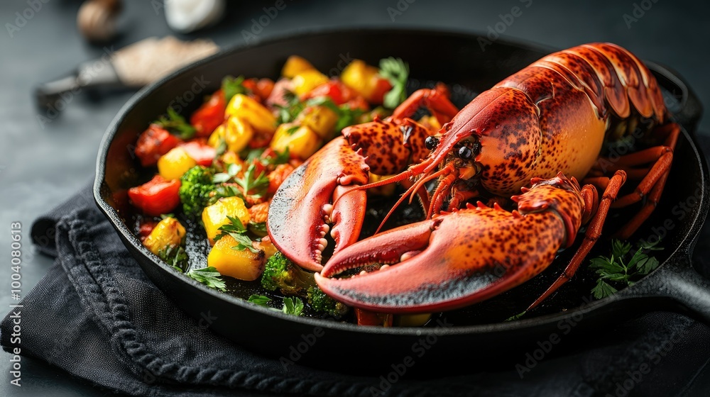 An elegant serving of a freshly baked whole lobster with a side of saut vegetables in a cast iron pan, showcased on a dark fabric placemat, enhancing the modern, An elegant serving of a freshly baked whole lobster with a side of saut vegetables in a cast iron pan, showcased on a dark fabric placemat, enhancing the modern,