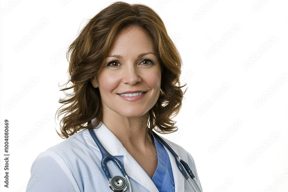 Happy female doctor with stethoscope on white background Happy female doctor with stethoscope on white background