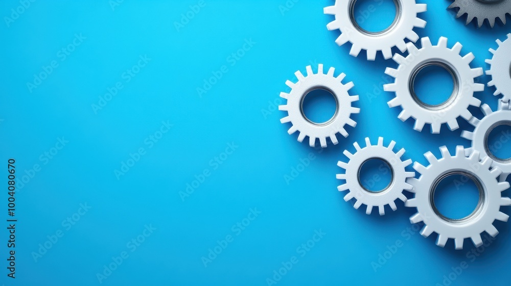 White gears on blue background, ideal for engineering and technology themes. White gears on blue background, ideal for engineering and technology themes.