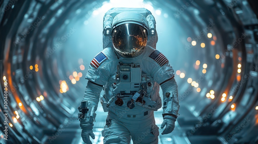 astronaut in a sleek spacesuit walking down a tunnel of a spaceship ready for a lunar mission the corridor glows softly creating a sense of anticipation and adventure astronaut in a sleek spacesuit walking down a tunnel of a spaceship ready for a lunar mission the corridor glows softly creating a sense of anticipation and adventure