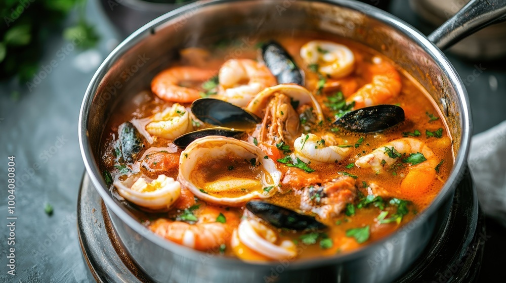 An elegant serving of traditional seafood stew in a polished saucepan, brimming with fresh seafood, herbs, and spices, perfect for showcasing the essence of a classic coastal dish. An elegant serving of traditional seafood stew in a polished saucepan, brimming with fresh seafood, herbs, and spices, perfect for showcasing the essence of a classic coastal dish.