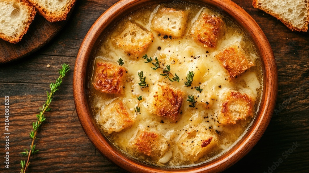 An elegant top view of French onion soup, featuring golden-baked cheese croutons and fresh thyme, beautifully arranged in a rustic bowl for an authentic touch. An elegant top view of French onion soup, featuring golden-baked cheese croutons and fresh thyme, beautifully arranged in a rustic bowl for an authentic touch.
