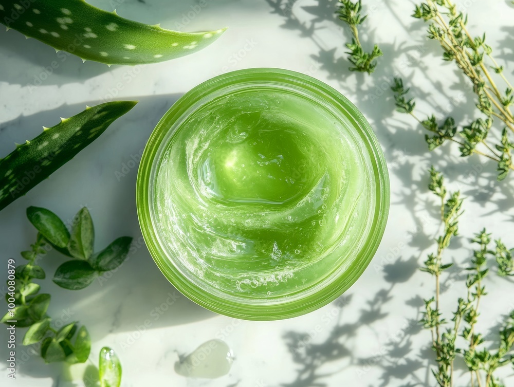 Obraz premium Aloe Vera Gel in a Jar with Green Leaves