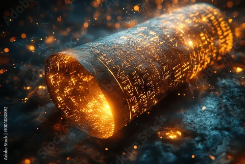 ancient biblical scroll unfurling inscribed with intricate hebrew text surrounded by mystical symbols and a soft warm glow evoking a sense of history photo