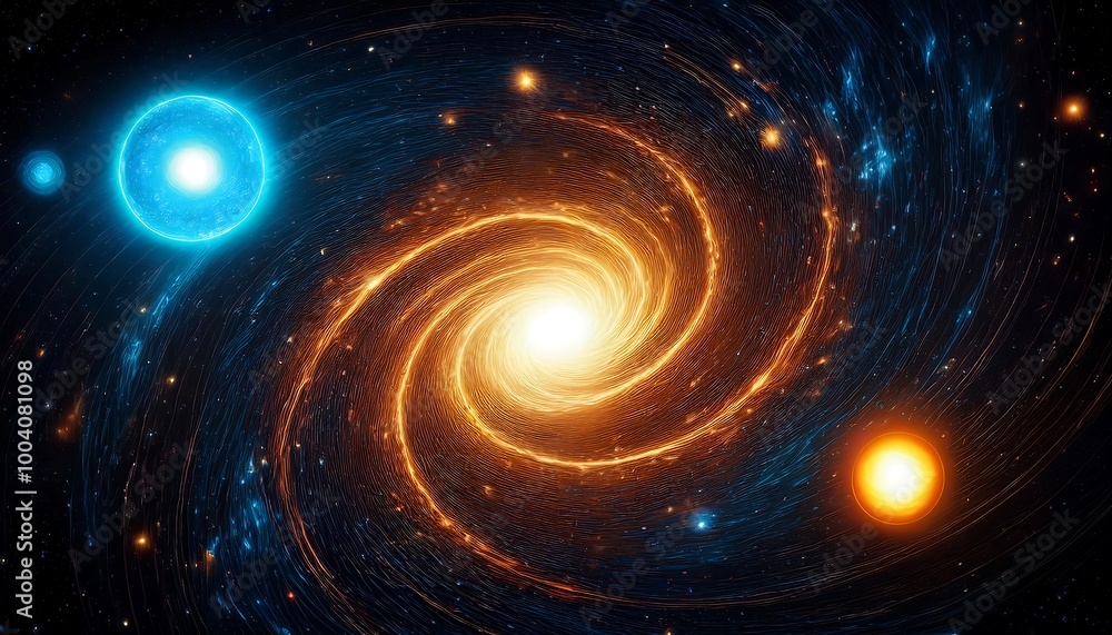 Obraz premium A Cluster of Two Stars Orbiting Each Other in a Distant Galaxy: One Star is a Hot, Young Blue Star, Radiating Vibrant Energy While the Other is a Cooler, Older Companion, Creating a Celestial Dance.