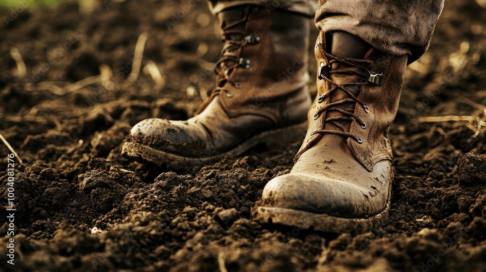 A close-up of rugged boots standing on rich, dark soil, suggesting agricultural work. A close-up of rugged boots standing on rich, dark soil, suggesting agricultural work.