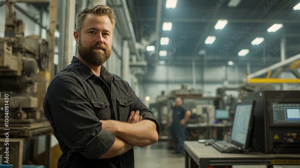 Portrait of a confident industrial worker standing with arms crossed in a factory Portrait of a confident industrial worker standing with arms crossed in a factory
