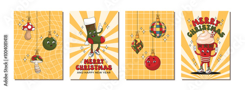 Merry Christmas greeting card set with sock and cup of coffee, latte, frapuccino retro groovy characters, tree toys, mushrooms. Winter New Year poster collection. Vector illustration, editable stroke.