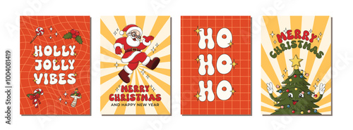 New Year Winter greeting card collection with santa claus, tree retro groovy characters, holly branch, tree toys, candy. Merry Christmas poster set. Holly Jolly Vibes. Vector illustration, editable.