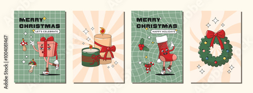 New Year Winter poster set with sock and present, gift box retro groovy characters, holly branch, tree toys, candles and wreath. Merry Christmas greeting card collection. Vector illustration.