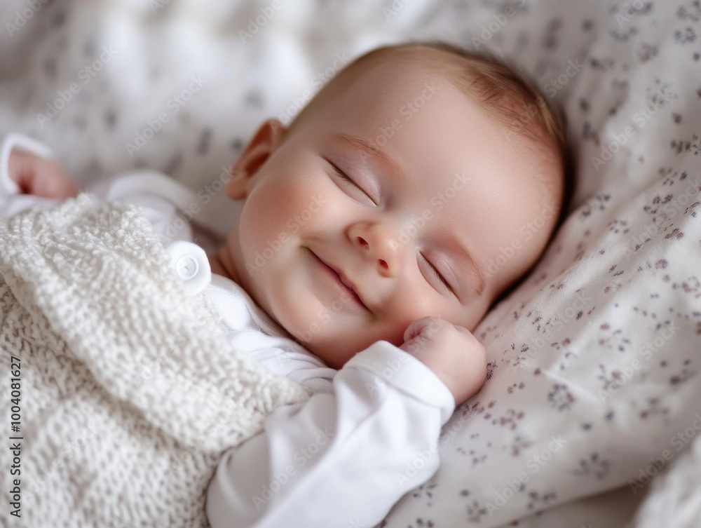 Joyful baby peacefully sleeping on soft blankets in a cozy, serene nursery setting Joyful baby peacefully sleeping on soft blankets in a cozy, serene nursery setting