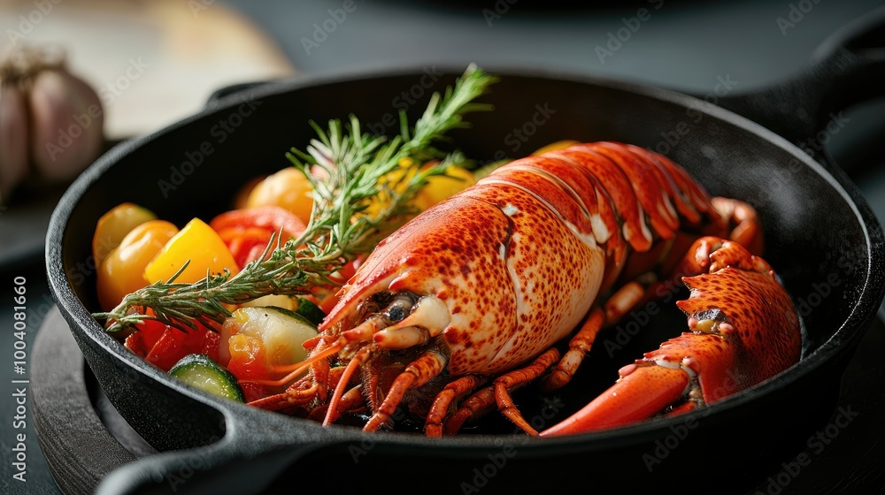 An inviting presentation of a broiled whole Maine lobster accompanied by a side of seasonal vegetables in a cast iron pan, captured in a modern setting with dark, An inviting presentation of a broiled whole Maine lobster accompanied by a side of seasonal vegetables in a cast iron pan, captured in a modern setting with dark,