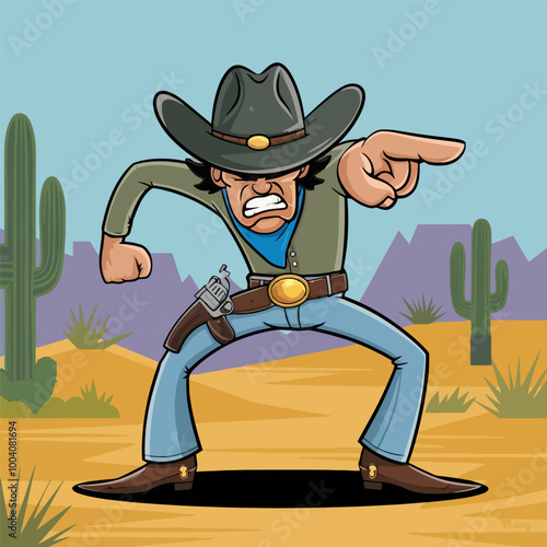 Determined cowboy pointing in a desert landscape.