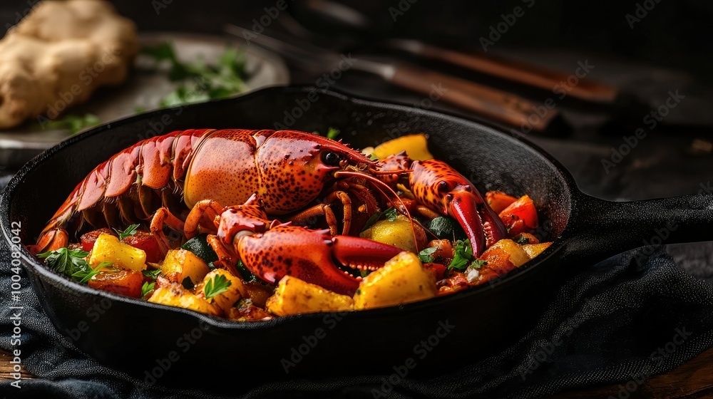 Artistic shot of a whole Maine lobster, freshly baked and garnished, alongside a colorful vegetable dish in a cast iron pan, set against a dark fabric placemat with a warm, low-key glow. Artistic shot of a whole Maine lobster, freshly baked and garnished, alongside a colorful vegetable dish in a cast iron pan, set against a dark fabric placemat with a warm, low-key glow.