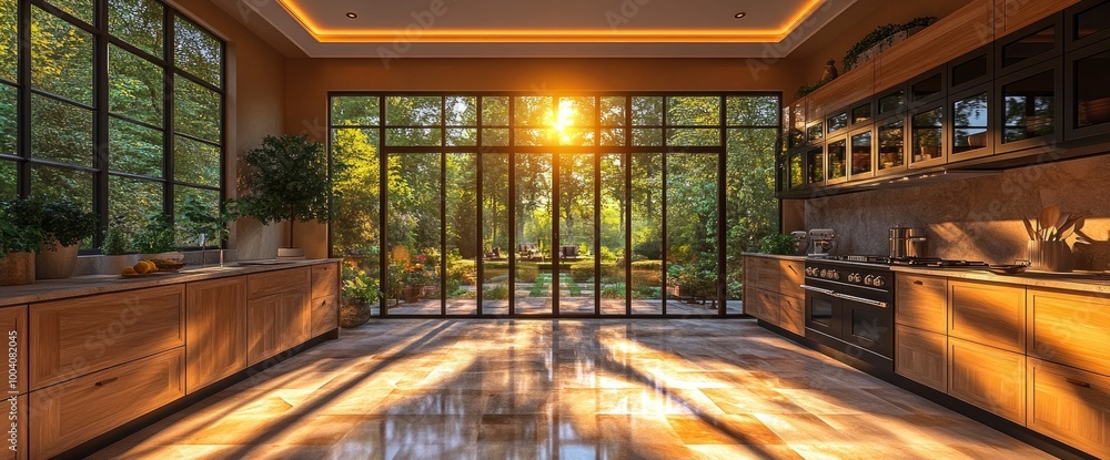 Modern Kitchen with Large Window View of Lush Garden and Sunlight Streaming In Modern Kitchen with Large Window View of Lush Garden and Sunlight Streaming In