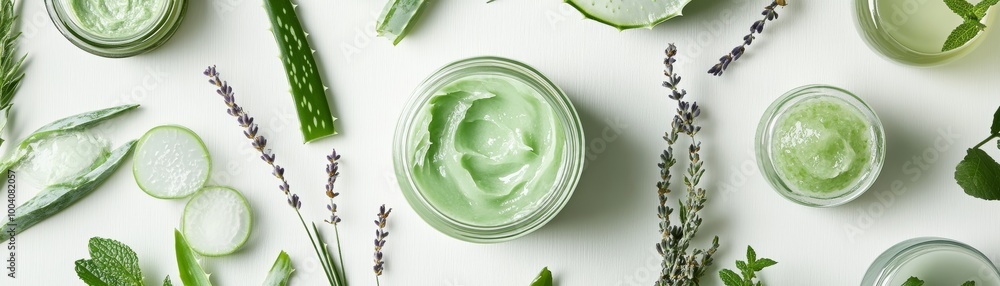 Obraz premium Natural beauty products with aloe vera and lavender.
