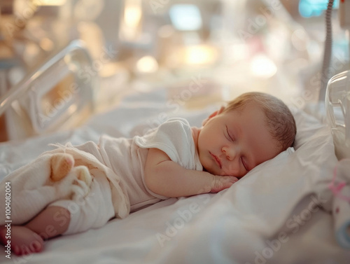 A peaceful baby resting in a hospital nursery during a serene afternoon