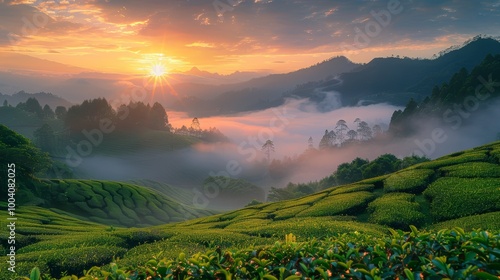 Green tea garden landscape sunset hill cultivation photo