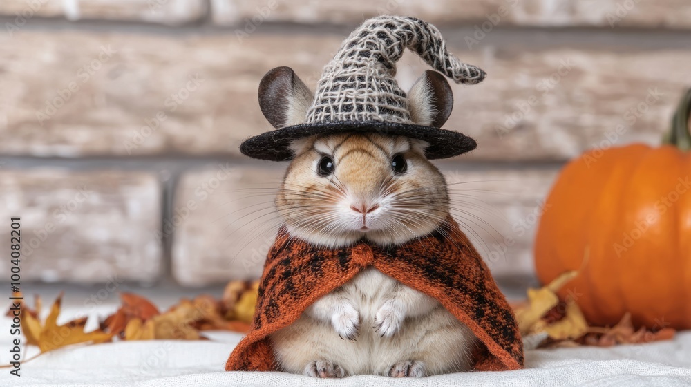 Obraz premium A cute hamster dressed as a wizard with a tiny hat and cloak, surrounded by autumn leaves and a pumpkin for a festive look.