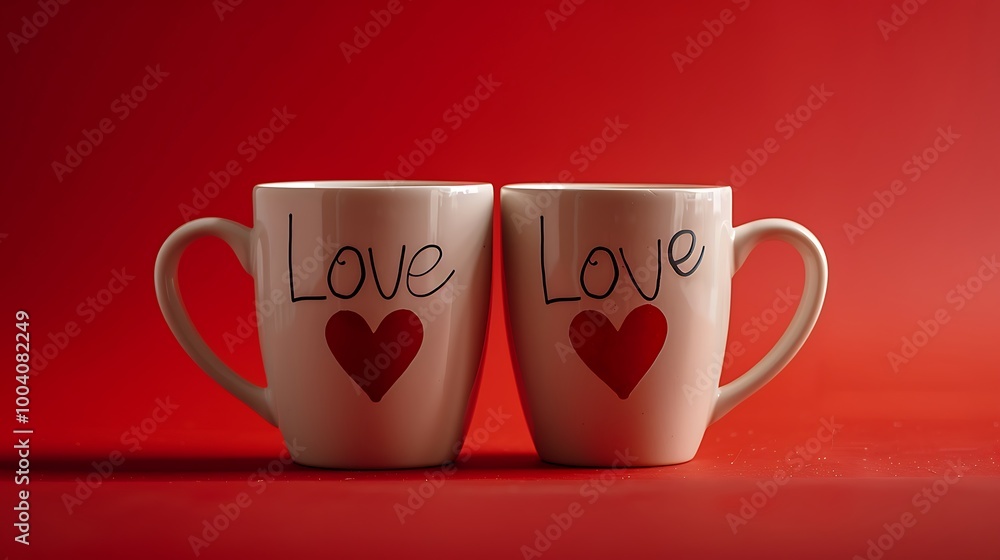Two mugs with the word love and a little heart against red background Two mugs with the word love and a little heart against red background